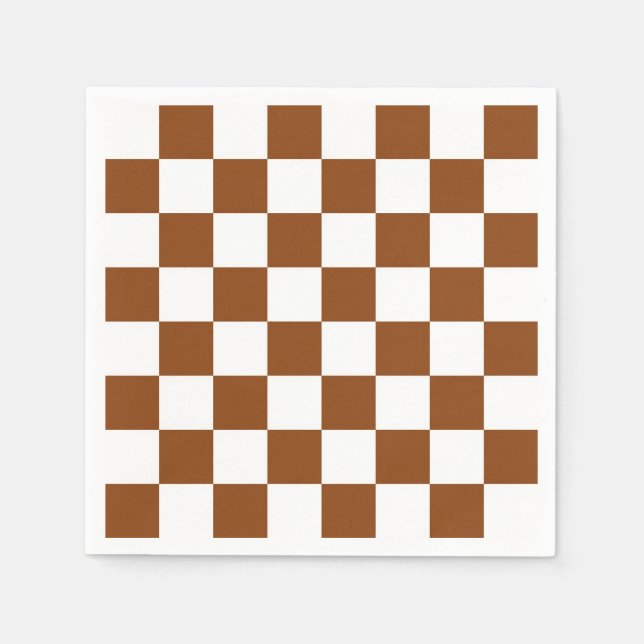 Chocolate Brown and White Chequered Board Pattern Napkin (Front)
