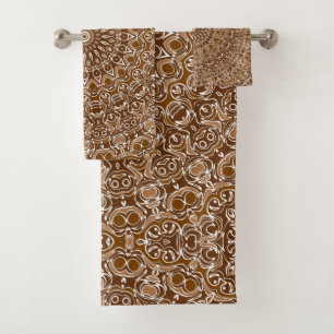 Chocolate Brown and White Mandala Pattern Bath Towel Set