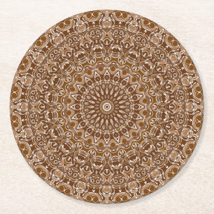 Chocolate Brown and White Mandala Pattern Round Paper Coaster