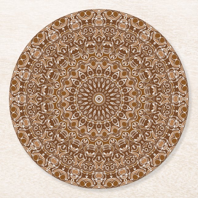 Chocolate Brown and White Mandala Pattern Round Paper Coaster (Front)