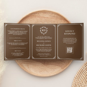 Chocolate Brown and White Monogram QR Code Wedding Tri-Fold Invitation