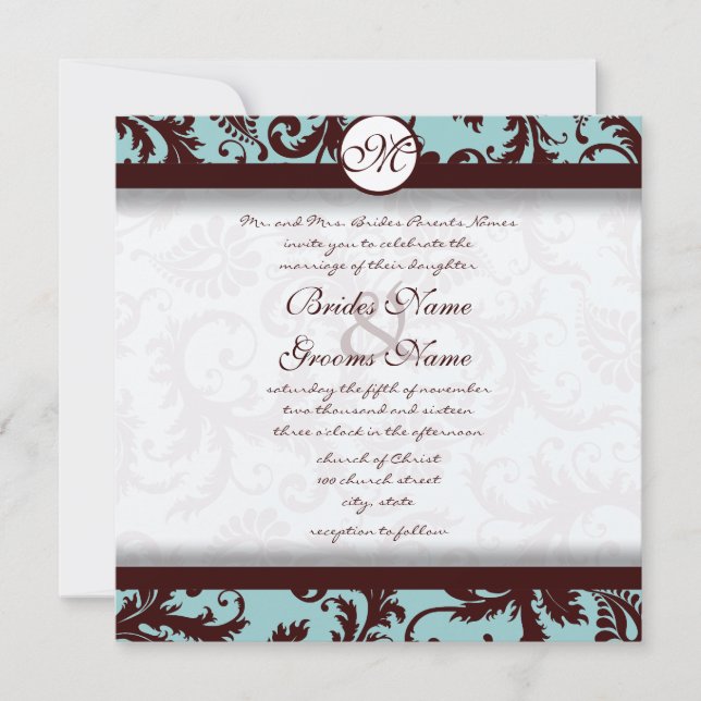 Chocolate Brown Aqua Damask Wedding Invitation (Front)