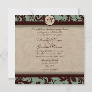 Chocolate Brown Aqua Damask Wedding Invitation