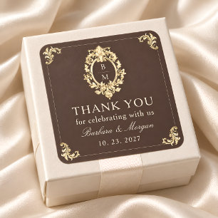Chocolate Brown Baroque Gold Wedding Thank You Square Sticker