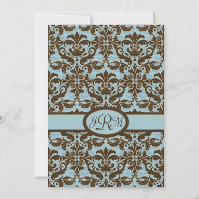 Chocolate Brown & Blue Damask Invitation (Front)