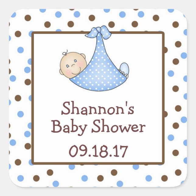 Chocolate Brown Blue Dot Baby Shower Favour Square Sticker (Front)