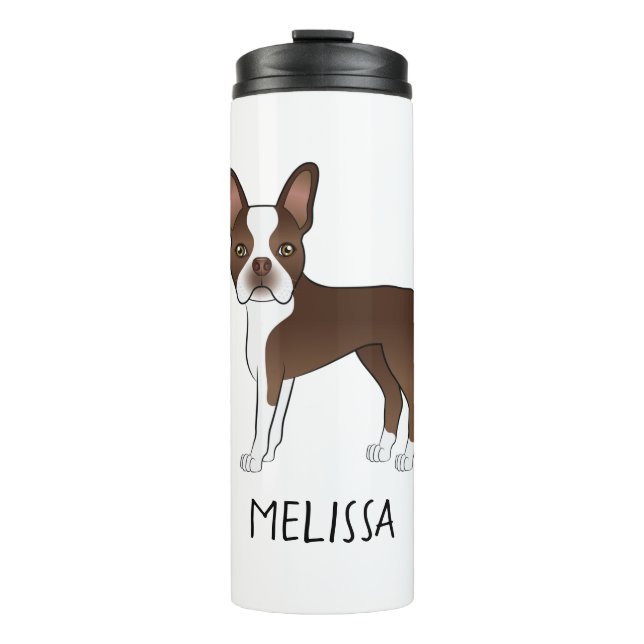 Chocolate Brown Boston Terrier Cartoon Dog & Name Thermal Tumbler (Front)