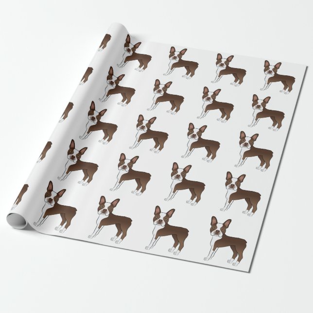 Chocolate Brown Boston Terrier Cartoon Dog Pattern Wrapping Paper (Unrolled)