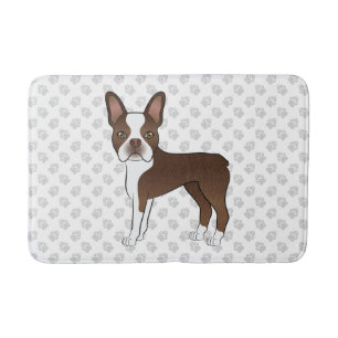 Chocolate Brown Boston Terrier Cartoon Dog & Paws Bath Mat
