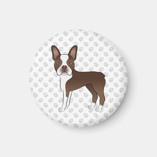 Chocolate Brown Boston Terrier Cartoon Dog & Paws Magnet (Front)