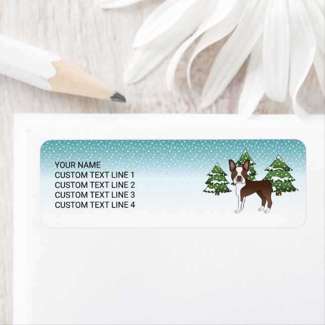 Chocolate Brown Boston Terrier In A Winter Forest (Insitu)