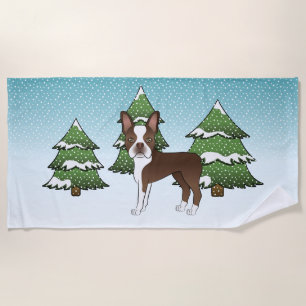 Chocolate Brown Boston Terrier In A Winter Forest Beach Towel