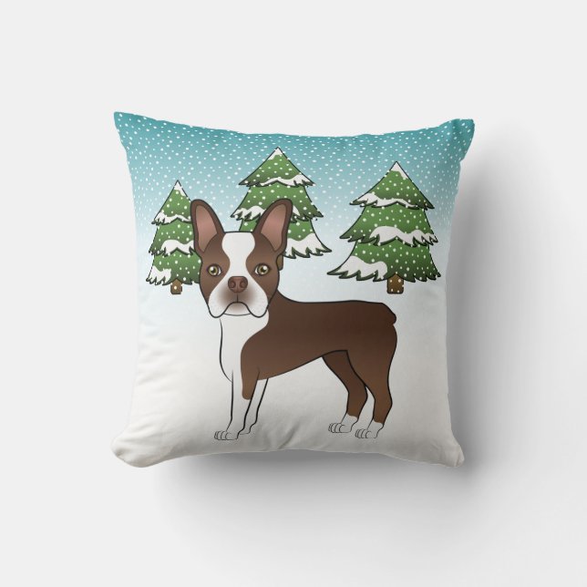 Chocolate Brown Boston Terrier In A Winter Forest Cushion (Front)