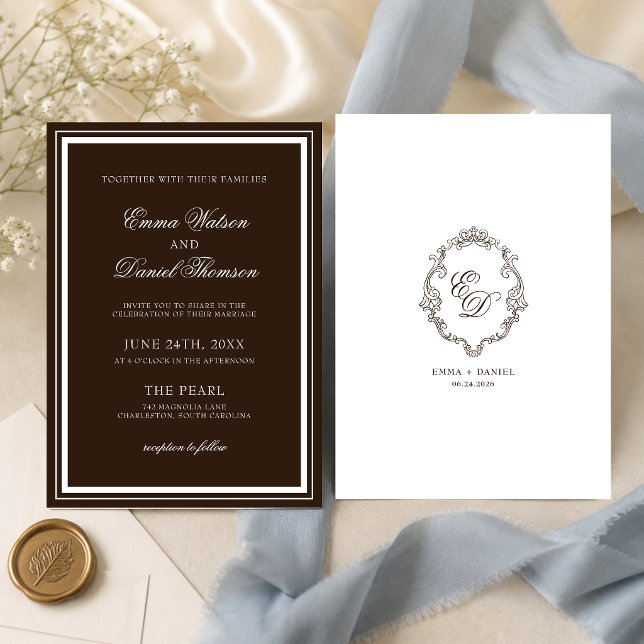 Chocolate Brown Classic Crest Monogram Wedding Invitation (Chocolate brown crest monogram wedding invitation showcases your style with timeless elegance.)