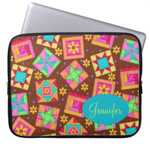 Chocolate Brown Colourful Quilt Patchwork Block Ar Laptop Sleeve
