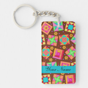 Chocolate Brown Colourful Quilt Patchwork Blocks Key Ring