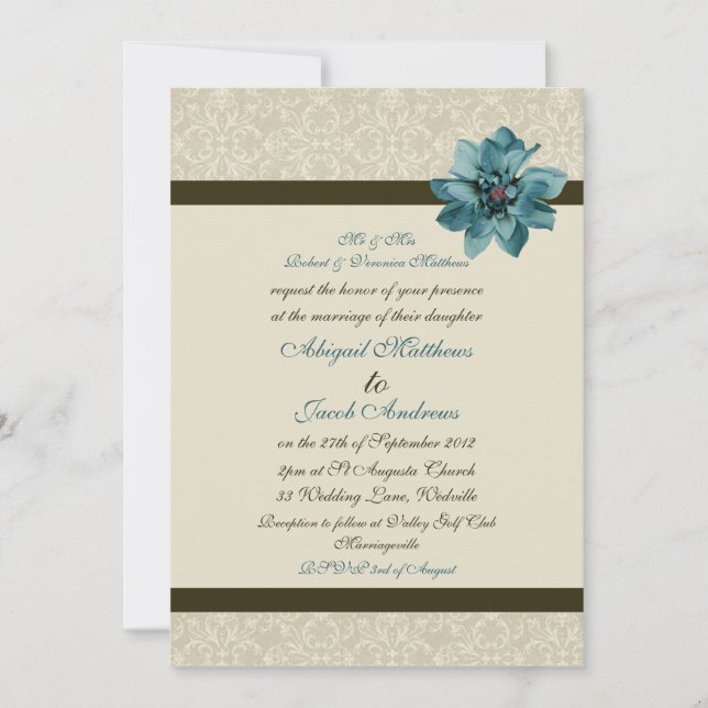 Chocolate Brown Cream And Teal Blue Flower Wedding Invitation (Front)