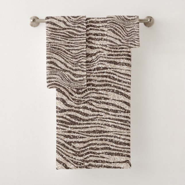Chocolate Brown Cream Blush Zebra Glitter    Bath Towel Set (Insitu)