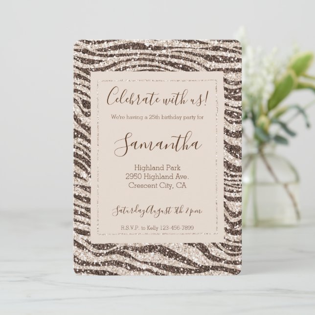 Chocolate Brown Cream Blush Zebra Glitter Invitation (Standing Front)