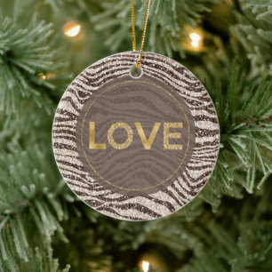 Chocolate Brown Cream Blush Zebra Glitter Love Ceramic Tree Decoration