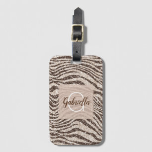 Chocolate Brown Cream Blush Zebra Glitter Monogram Luggage Tag