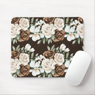 Chocolate Brown Cream Flowers Mouse Mat
