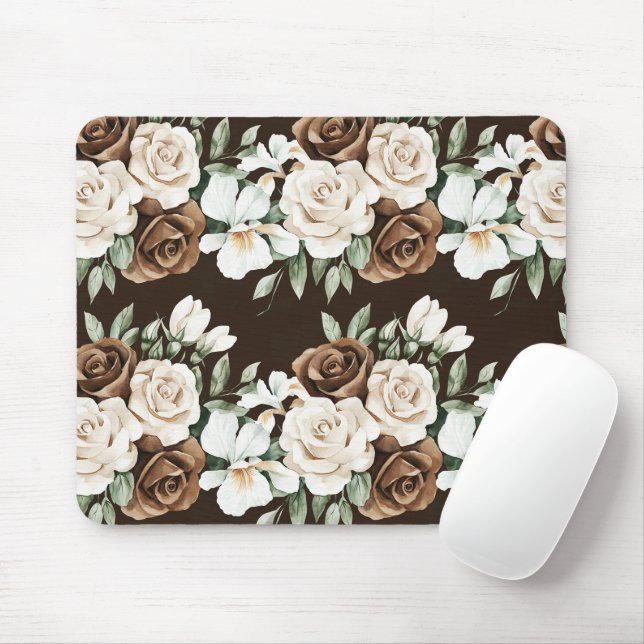 Chocolate Brown Cream Flowers Mouse Mat (With Mouse)