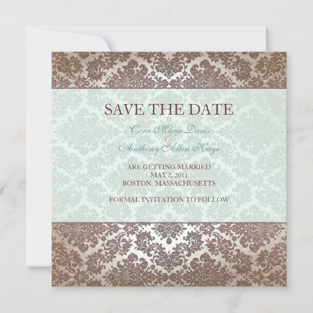 Chocolate brown damask save the date card (Front)