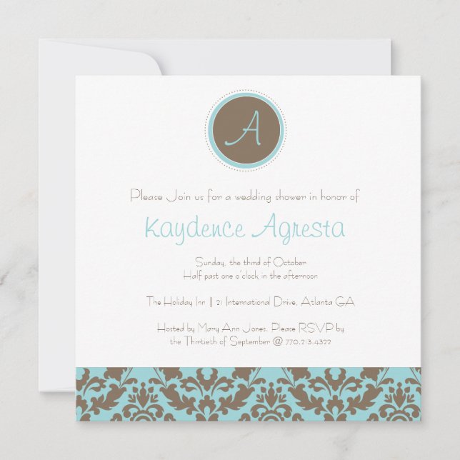 Chocolate Brown Damask Wedding Shower Invitation (Front)