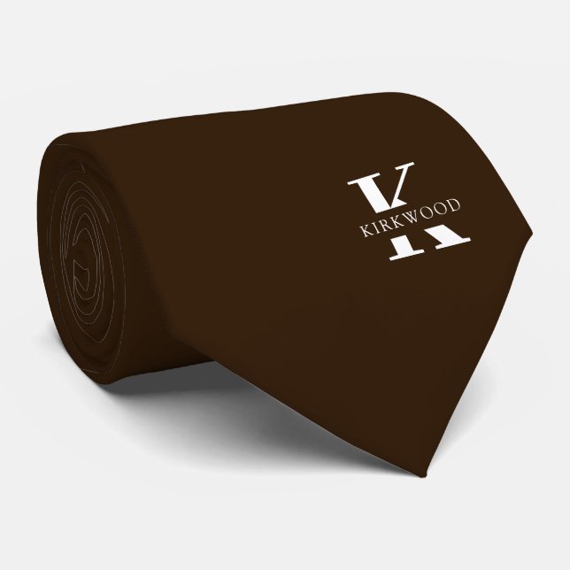 Chocolate Brown Elegant Monogram + Name Tie (Rolled)