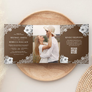 Chocolate Brown Floral Lace Photo QR Code Wedding Tri-Fold Invitation