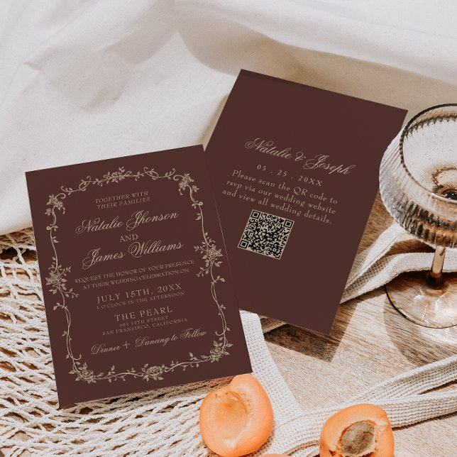 Chocolate Brown Floral Old Money QR Code Wedding Invitation (Creator Uploaded)