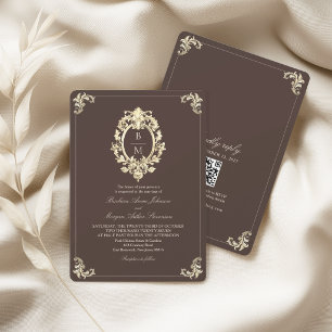 Chocolate Brown Gold Baroque Monogram QR Wedding Invitation