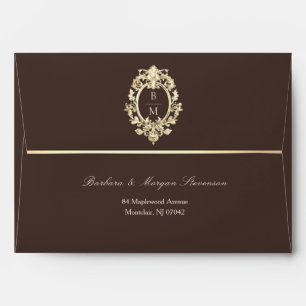 Chocolate Brown Gold Baroque Monogram Wedding Envelope