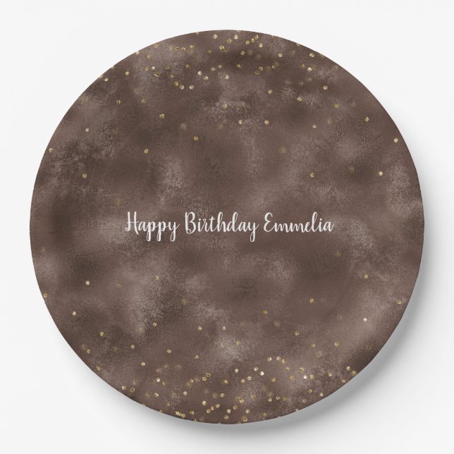 Chocolate Brown Gold Confetti Paper Plate (Front)