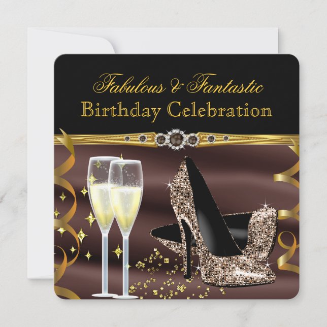 Chocolate Brown Gold Fabulous Heels Birthday Party Invitation (Front)