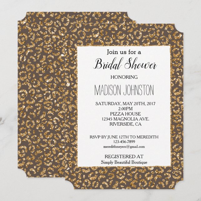 Chocolate Brown Gold Glitter Leopard Animal  Invitation (Front/Back)