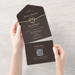 Chocolate Brown Gold Heart QR Code Wedding All In One Invitation