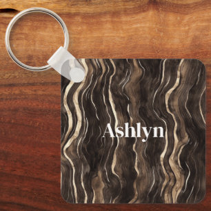 Chocolate Brown Gold Wavy Stripes Key Ring