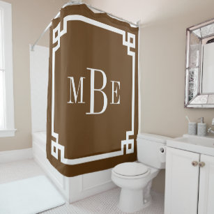 Chocolate Brown Greek Key Border Monogram Shower Curtain