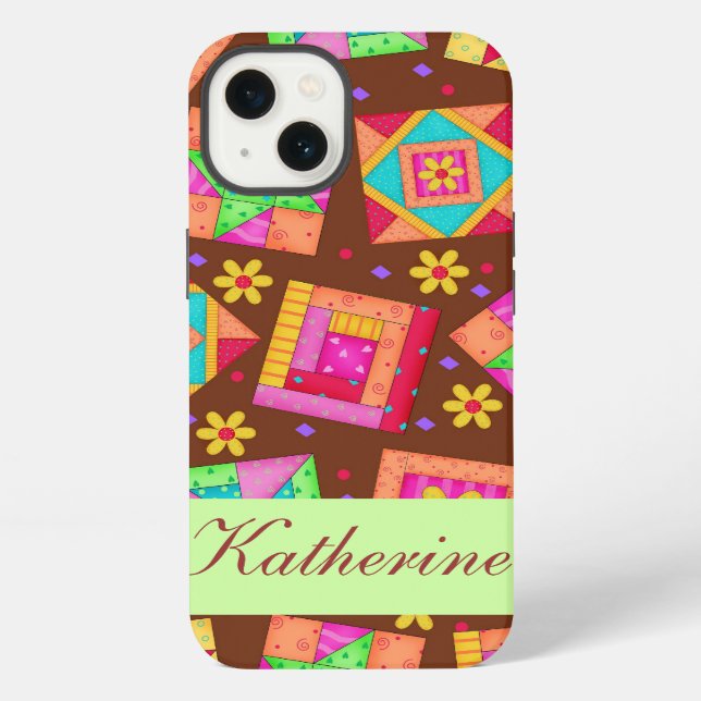 Chocolate Brown Green Patchwork Quilt Block Art iPhone Case (Back)