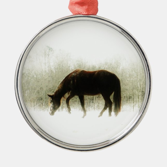 Chocolate Brown horse in the fog Metal Tree Decoration (Front)