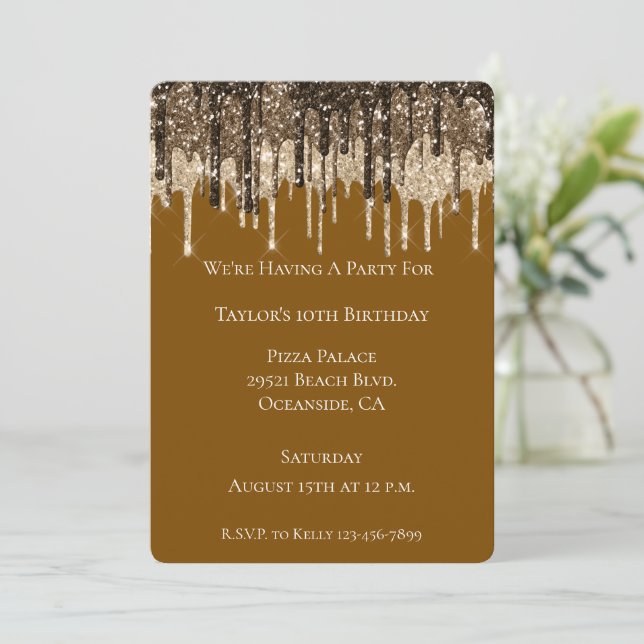 Chocolate Brown Ice Cream Glitter Drips Birthday Invitation (Standing Front)