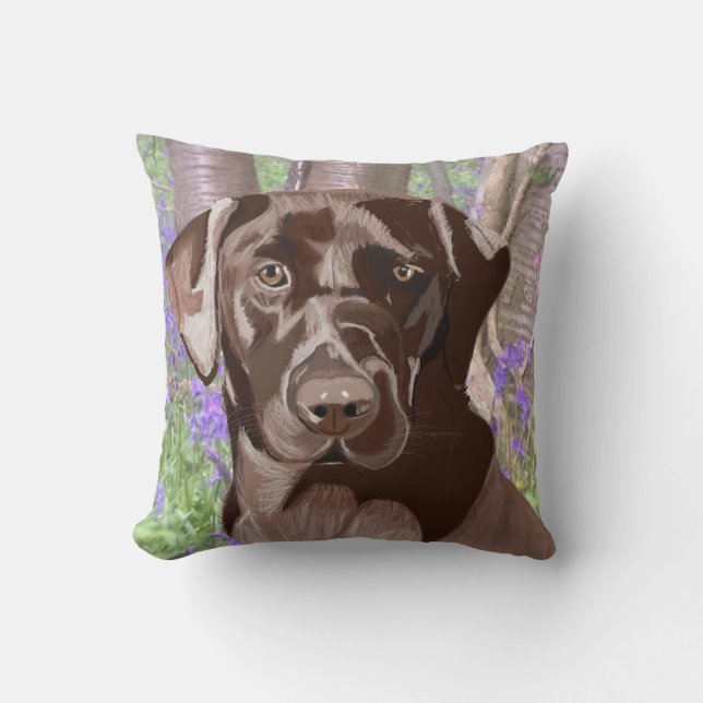 Chocolate Brown Labrador in a Bluebell Wood Cushion (Front)