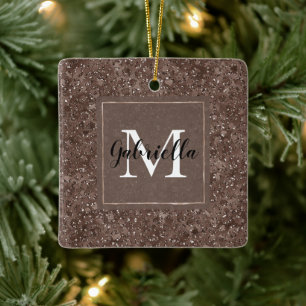 Chocolate Brown Leopard Glitter Monogram Ceramic Ornament