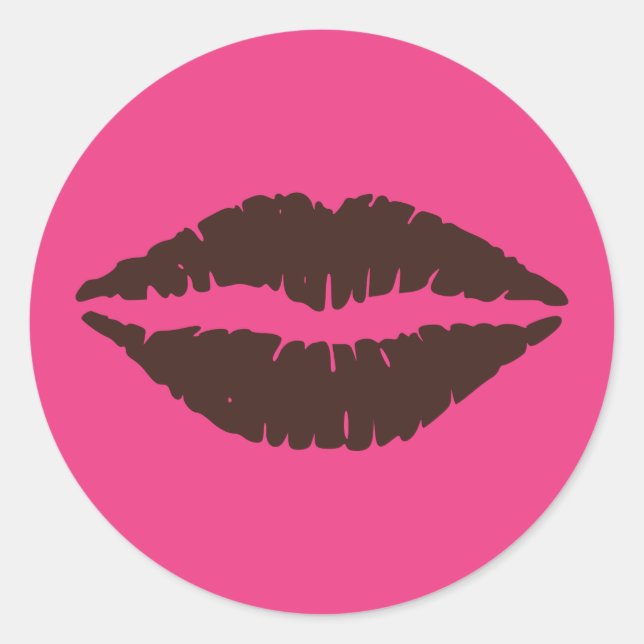 Chocolate Brown Lipstick Print Pink Large Classic Round Sticker (Front)
