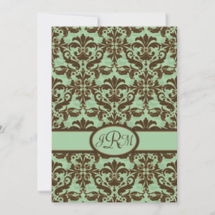 Chocolate Brown & Mint Green Damask Invitation