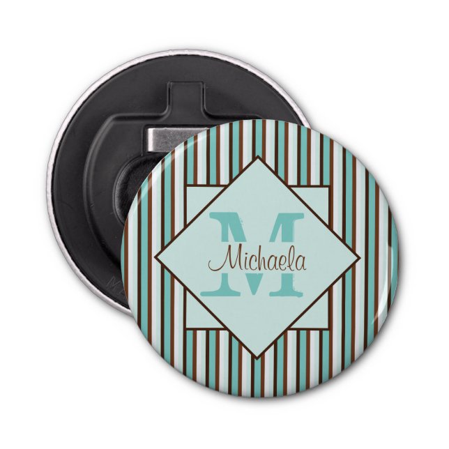 Chocolate Brown & Mint Green Stripes Monogram Bottle Opener (Front)
