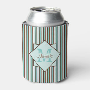 Chocolate Brown & Mint Green Stripes Monogram Can Cooler