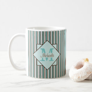 Chocolate Brown & Mint Green Stripes Monogram Coffee Mug